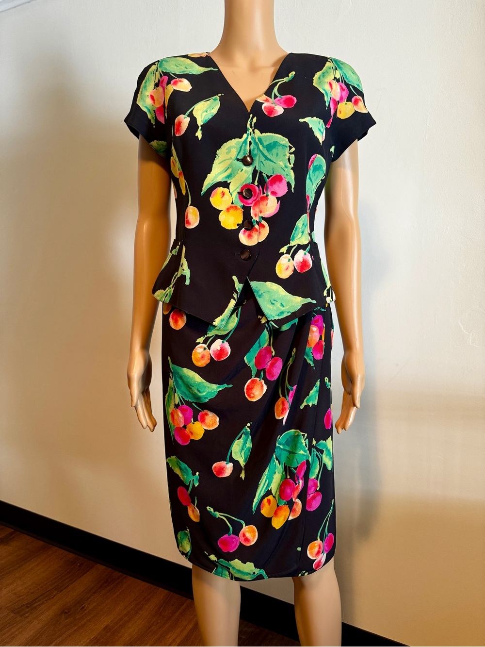 Vintage 80s Ungaro Black Cherry Print Skirt Set